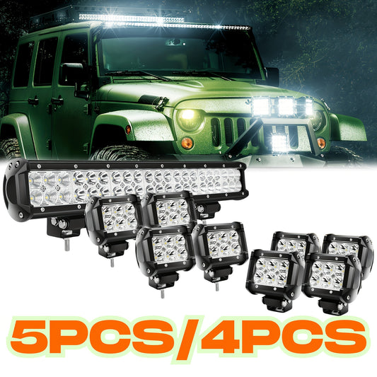 2 Combo Light To Choose From The First Type 20Inch 126W+4pcs 4Inch 18W Combo And The Second Type Only 4pcs 4Inch 18W Combo Led Light Bar For Jeep for Wrangler Boat Truck Tractor Trailer Off-Road, Car Accessorie, Without Battery