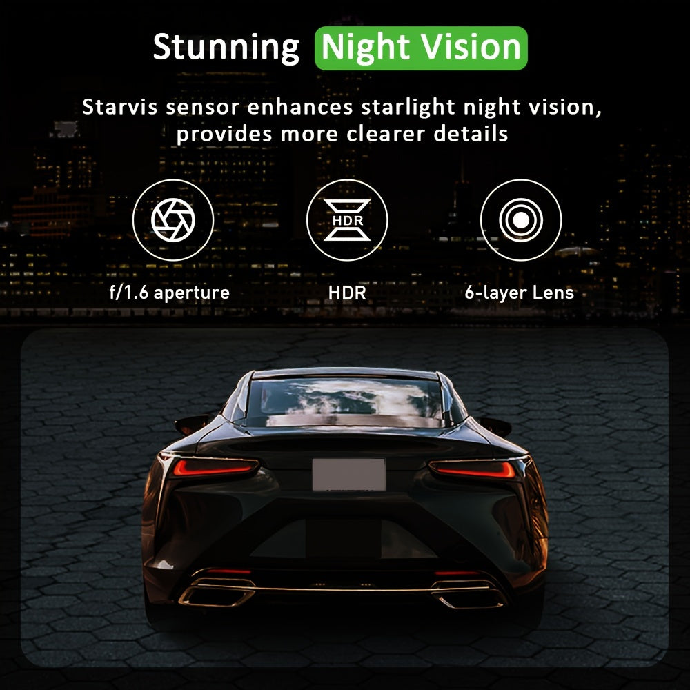 4K Dashboard Camera for Vehicles with WIFI, Video Recording Capabilities, Rear View Camera, Night Vision, And Parking Monitoring (Includes 64GB Memory Card)