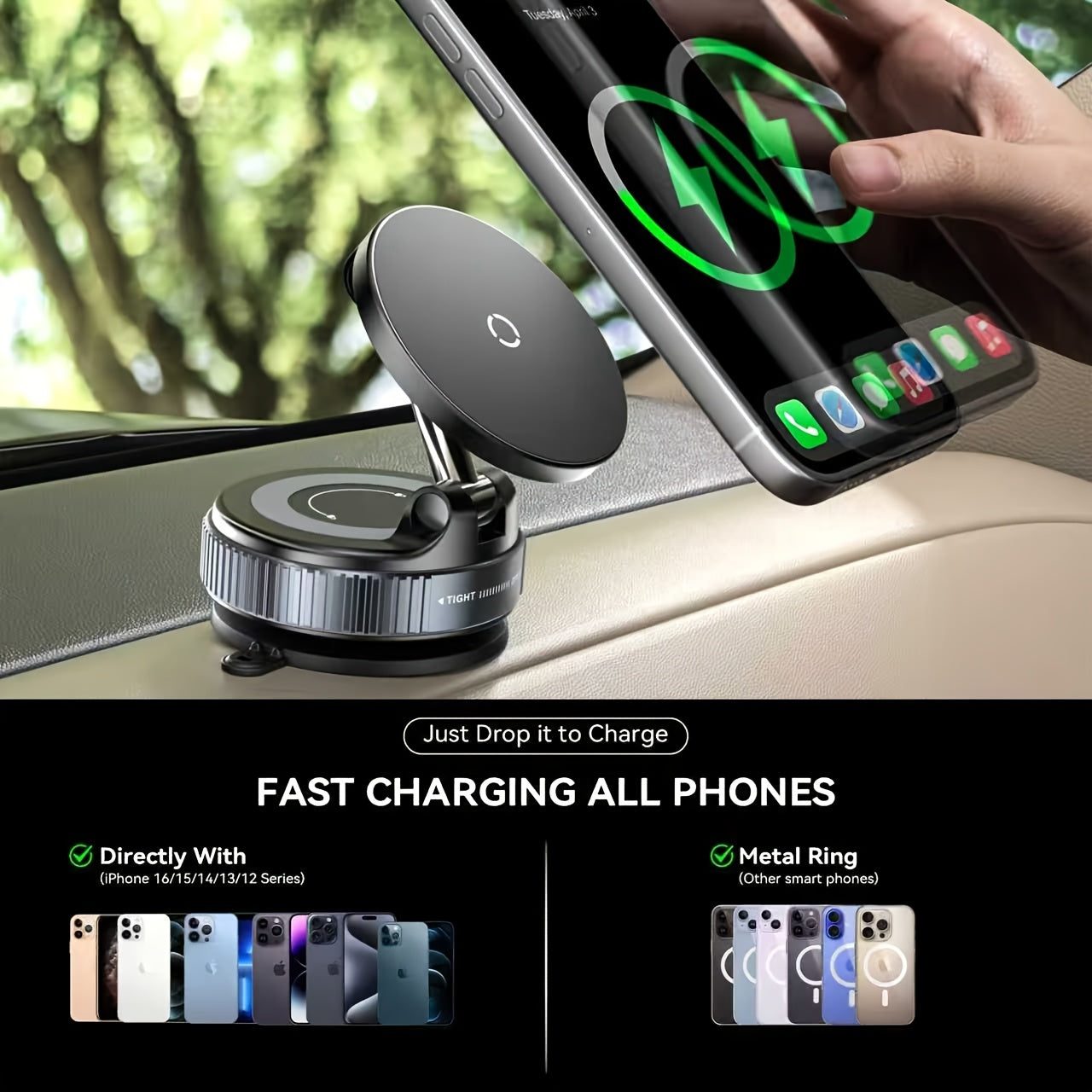 Wireless Car Charger, 15W Magnetic Fast-charging Car Phone Holder, The Suction Cup Is Stable And Won't Fall Off, Can Be Adjusted 360 Degrees, Car Phone Holder