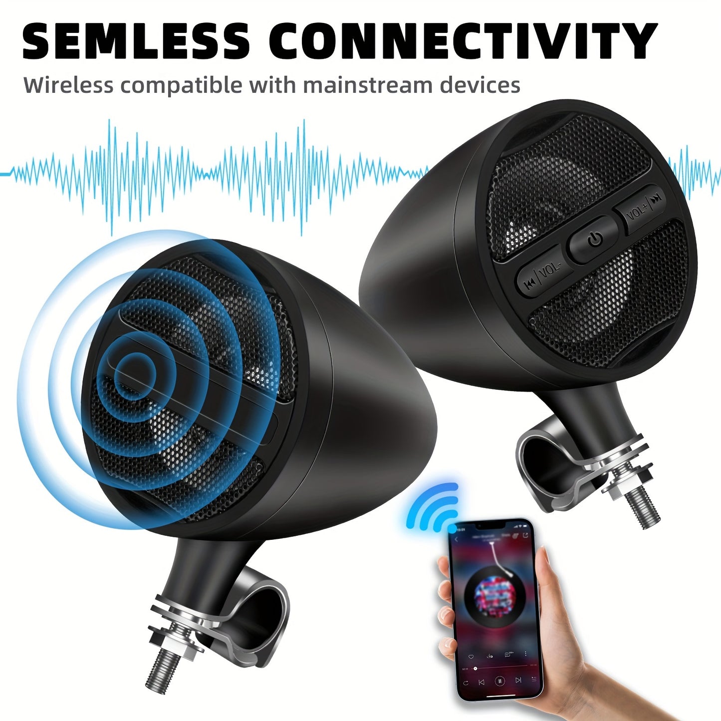Wireless Motorcycle Audio Stereo Speaker, 12V Handlebar Mount MP3 Music Player Sound Audio Stereo, MP3 USB FM Radio