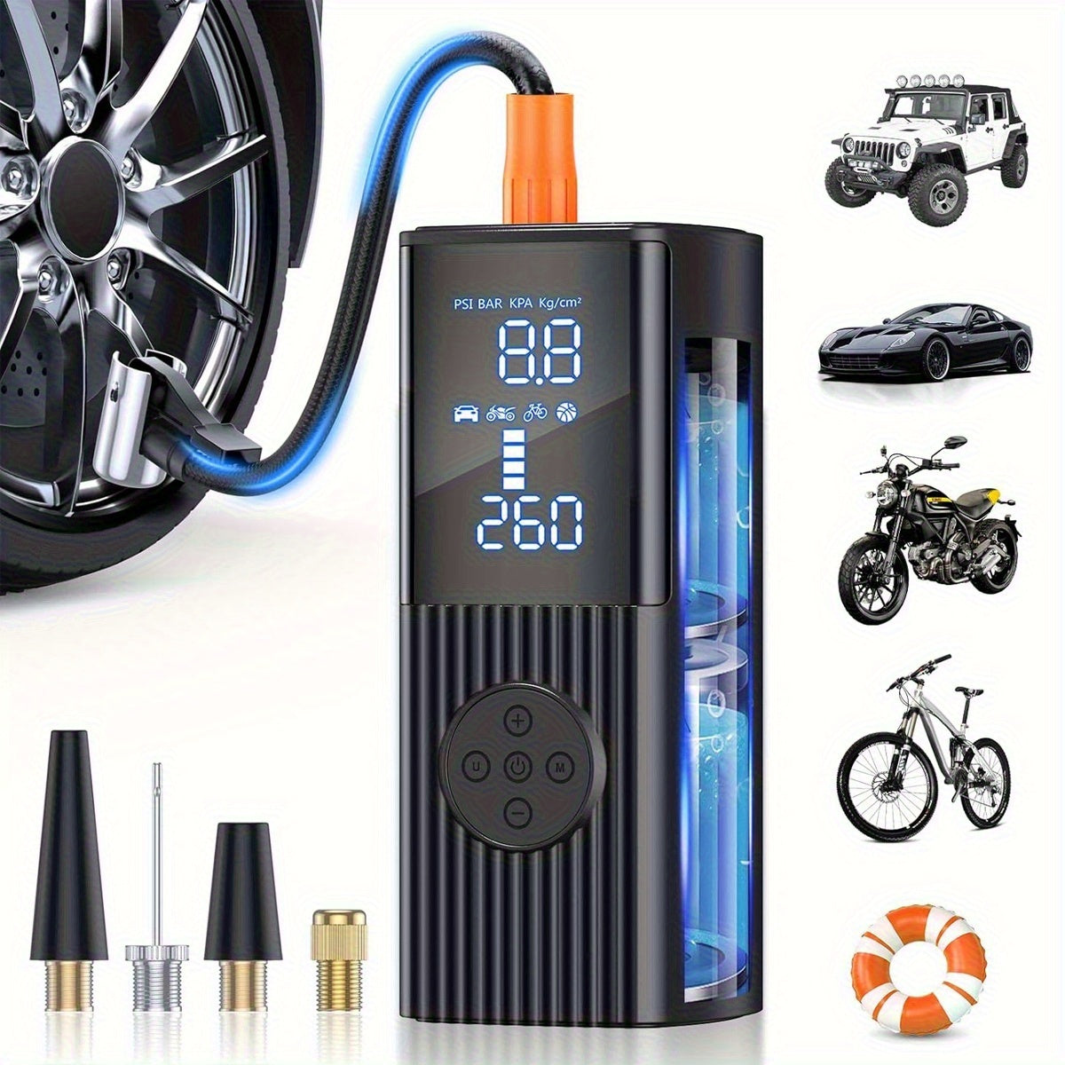 Portable Tire Inflator with Digital Pressure Gauge, Car Tire Pump, 210 PSI, 22 Cylinders, Rechargeable Battery, LED Light, Cordless Air Pump, Wireless Bicycle Tire Pump, Suitable for Cars, Motorcycles, Bicycles, Balls, Etc., New