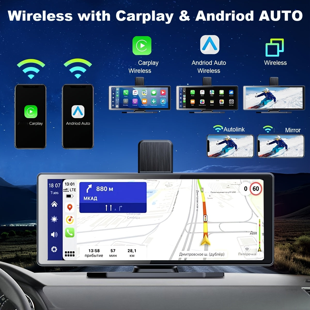 10.26" HD Wireless Car Stereo Compatible with Carplay & Android Auto, Featuring a Portable Touch Screen for Vehicles, 4K Dash Cam, 1080P Backup Camera, Google, Siri, Mirror Link, GPS Navigation, Aux, FM Transmitter