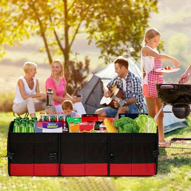 Foldable 25.1gal Car Trunk Organizer | Multi-Compartment Storage with 4 Compartments and 2 Retractable Straps, Ideal for Travel, Camping, Shopping, Fits SUVs, Trucks, Minivans