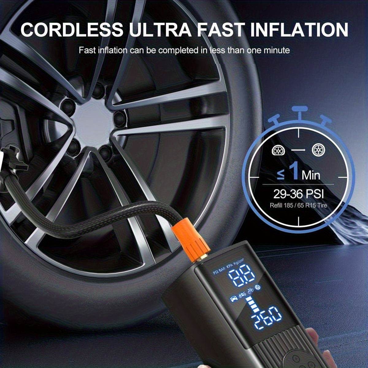 Portable Tire Inflator with Digital Pressure Gauge, Car Tire Pump, 210 PSI, 22 Cylinders, Rechargeable Battery, LED Light, Cordless Air Pump, Wireless Bicycle Tire Pump, Suitable for Cars, Motorcycles, Bicycles, Balls, Etc., New