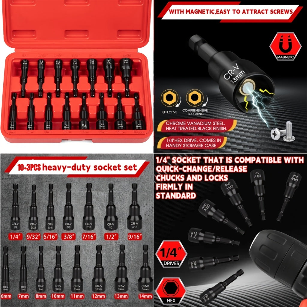 10+3pcs/14pcs/27pcs/54pcs Magnetic Socket And Screwdriver Set, Impact Power Hexagonal Extended Nut Screwdriver Drill Bit Main Kit, Imperial And Metric, 1/4-inch Hexagonal Handle, Chrome-vanadium Steel Material, An Ideal Choice for Daily Use