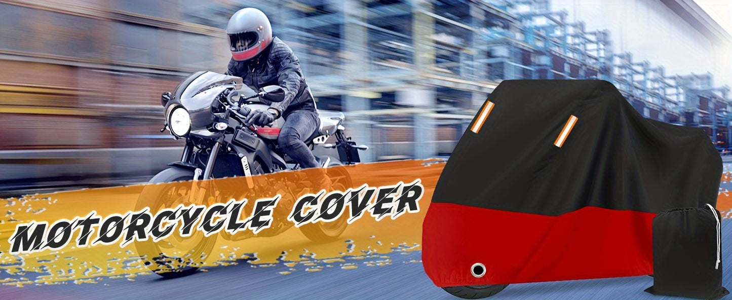 Motorcycle Cover, 210D Oxford Cloth All Weather Outdoor Wind And Sun Protection with Reflective Stripes for Harley Davidson for HONDA for SUZUKI Kawasaki Yamaha (Black And Red)