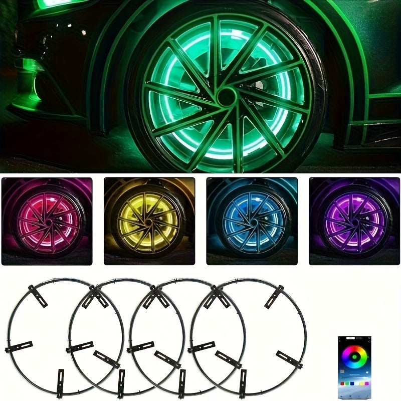 [Remote Control LED Lights] 4pcs Car Wheel Lights, Remote Control With Flashing Modes, LED Wheel Ring Lights For Trucks Cars SUV Pickup Vehicles Offroad, Equipped With Seven-Color Dazzling Light Function, Car Rim Light, Without Battery