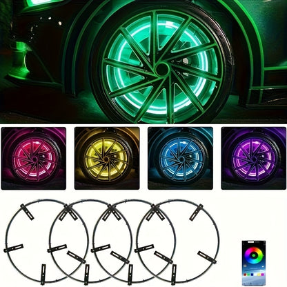 [Remote Control LED Lights] 4pcs Car Wheel Lights, Remote Control With Flashing Modes, LED Wheel Ring Lights For Trucks Cars SUV Pickup Vehicles Offroad, Equipped With Seven-Color Dazzling Light Function, Car Rim Light, Without Battery