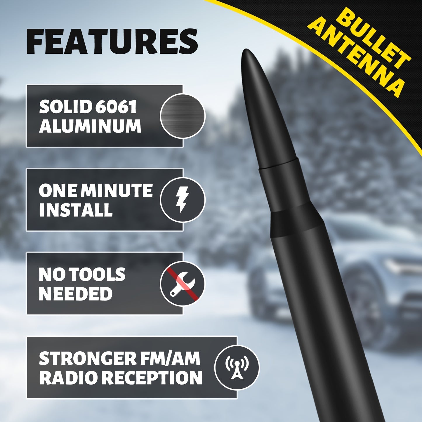 Universal 50 Cal Bullet Antenna for Truck | Compatible with Chevy Silverado, for Ford Bronco F150, for Ram 1500, for GMC Sierra, for Jeep for Wrangler, for Toyota Tundra | Black 5.3 Inch, Aluminum Alloy Material, Without Battery