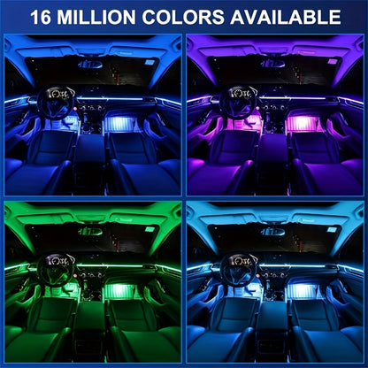 RGB Car Interior LED Light Kit, USB Powered with App & Remote Dual Control, Music Sync Fiber Optic Strip Lights for Dashboard & Door, Battery-Free Ambient Atmosphere Christmas Decorative Lighting, Easy Installation, DIY Car Mod
