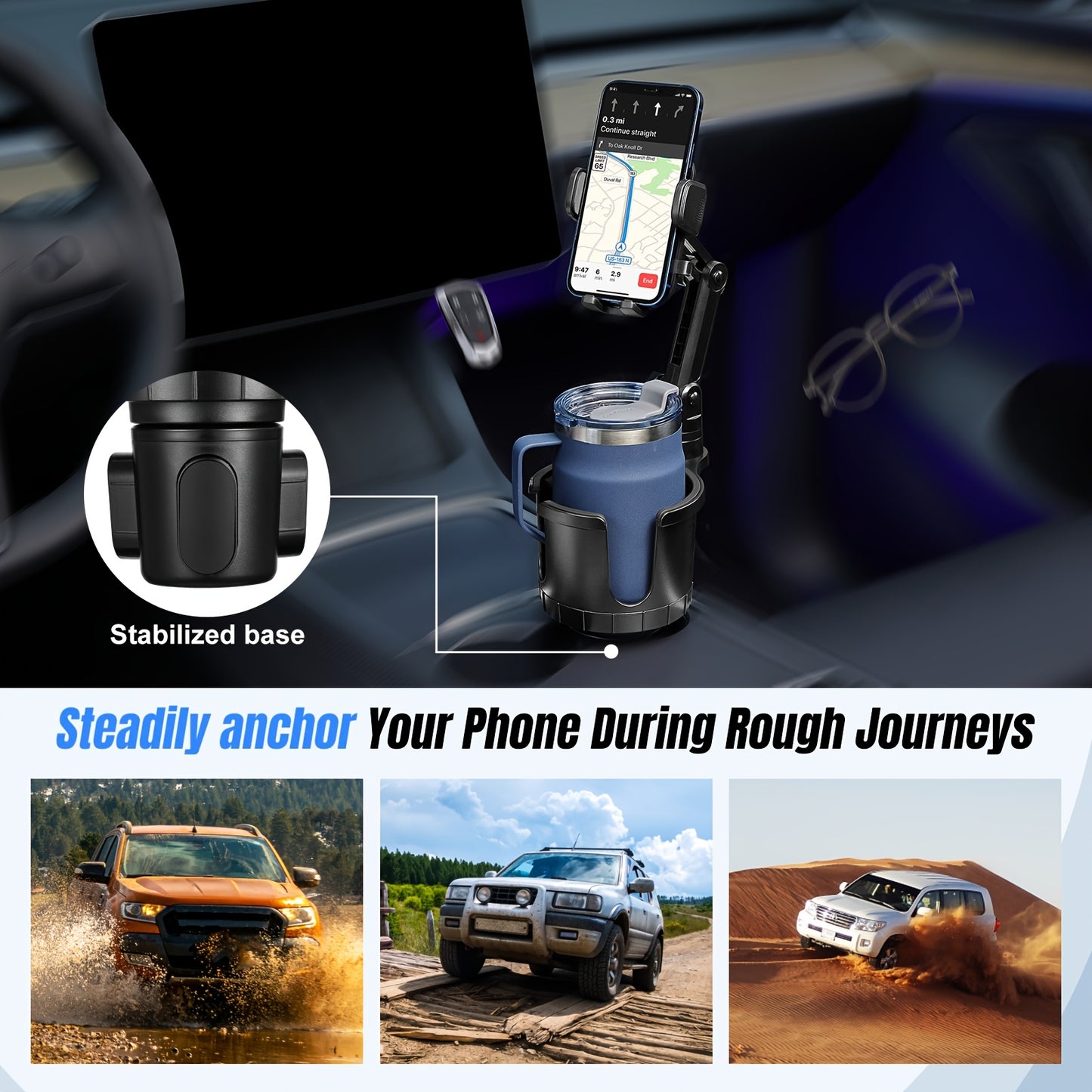 [2-In-1 Cup Phone Holder] Car Cup Holder Phone Mount, Upgraded 2-In-1 Car Cup Phone Holder Expander with Adjustable Base, 360-Degree Rotation, Cup Phone Holder for Car Compatible with Iphone, Samsung & All Smartphones