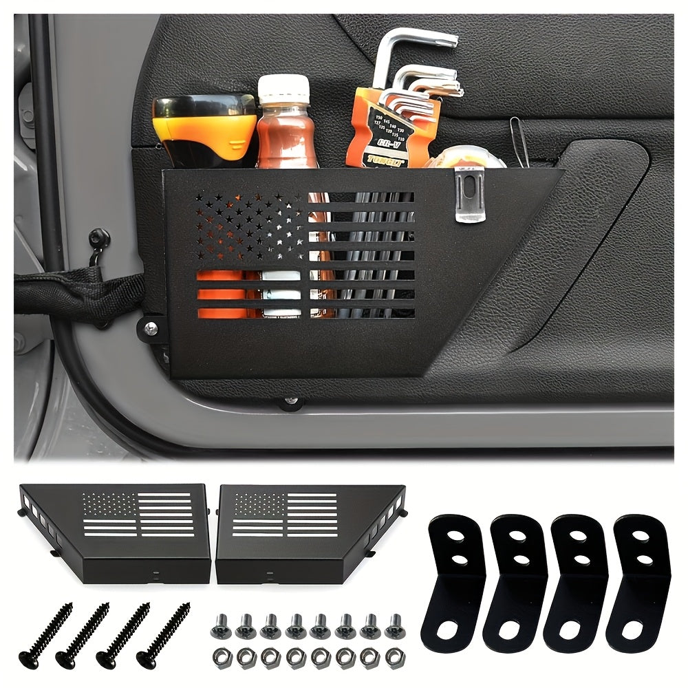 Jeep JK Front Door Storage Box Set of 2 Black Steel – Fits 2007-2018 Wrangler JK JKU 2-Door & 4-Door, Side Insert Organizer Replaces Sagging Net