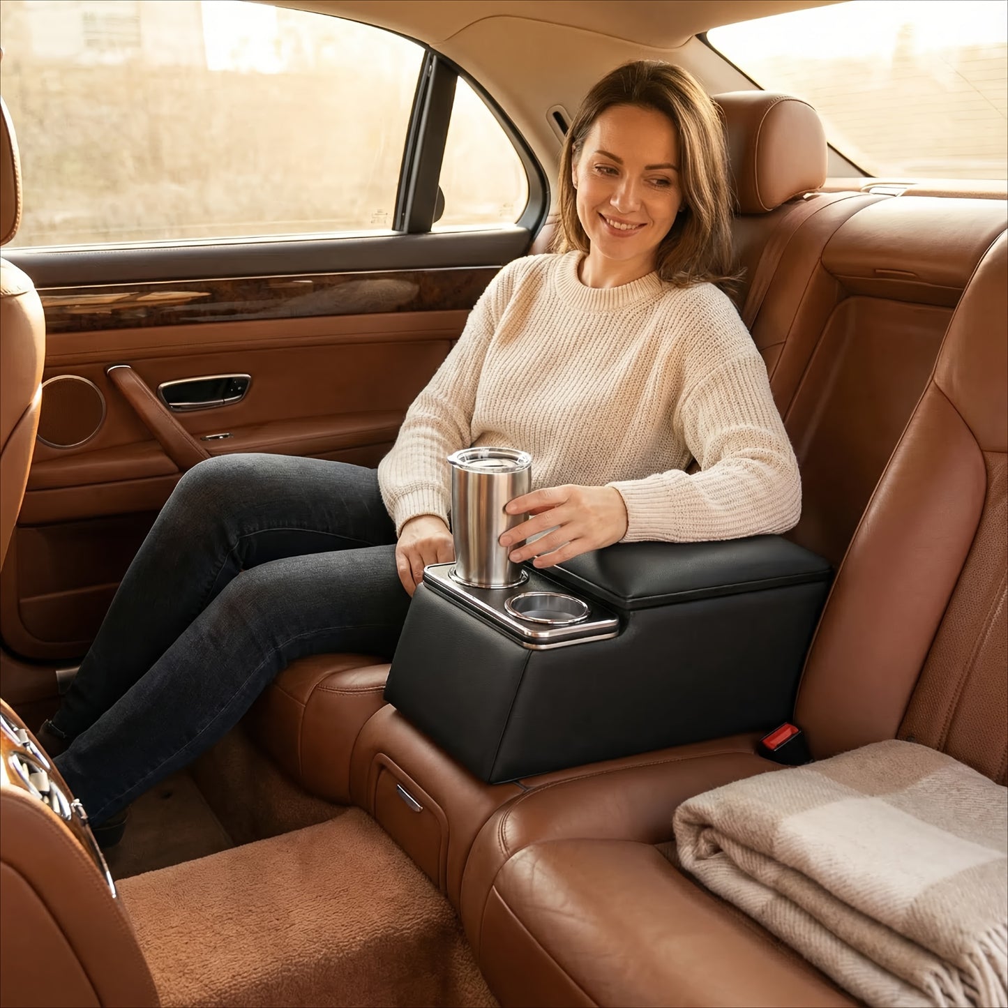 Car Center Console, Universal Rear Bench Seat Consoles, Truck Seat Organizer And Storage, Back Seat Car Organizer with Cup Holder, Central Armrest Box (Regular, Black)