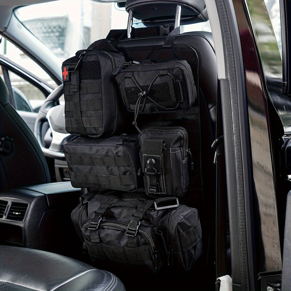 MOLLE Tactical Car Seat Organizer 5-Pocket – Heavy-Duty Nylon Seat Back Storage Bag | Universal Fit Jeep Truck SUV Off-Road Black