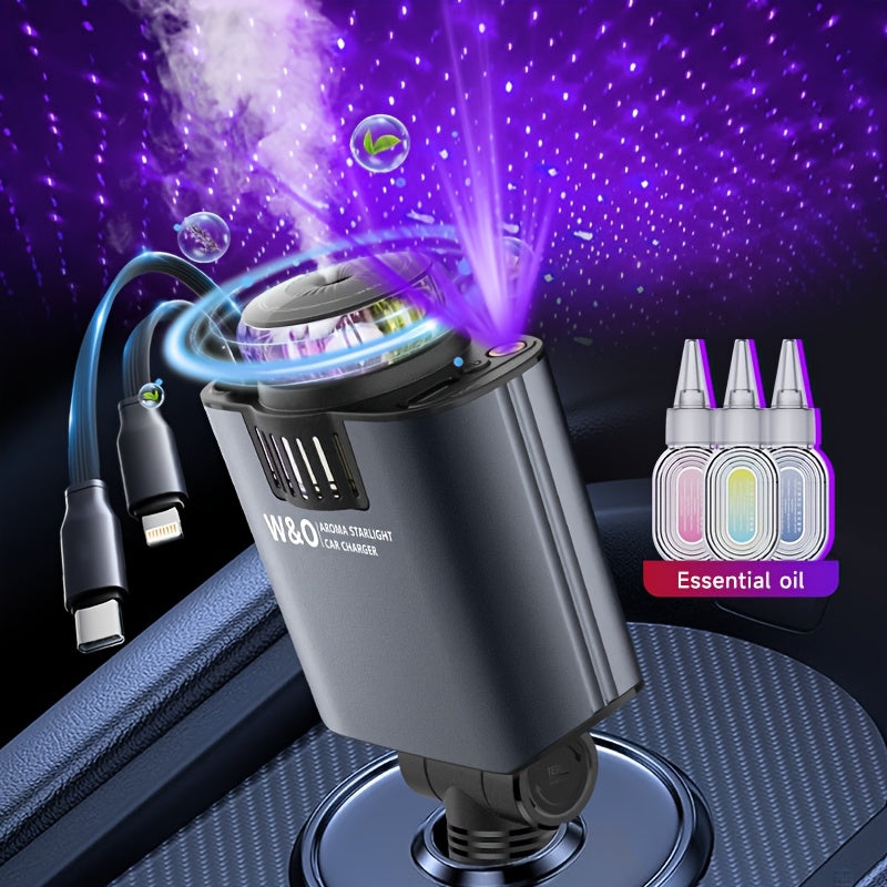 Three-In-One Multifunctional Car Charger, Perfume Machine, Starry Sky Ceiling Light, Dual 80cm/32inch Type-C+Lightning Retractable Cable, Air Freshener, Adapter For IPhone 16/15/Plus/Pro Max, For S25/24, Great Christmas Birthday Gift.