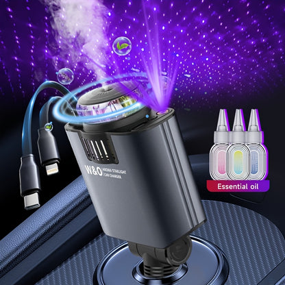 Three-In-One Multifunctional Car Charger, Perfume Machine, Starry Sky Ceiling Light, Dual 80cm/32inch Type-C+Lightning Retractable Cable, Air Freshener, Adapter For IPhone 16/15/Plus/Pro Max, For S25/24, Great Christmas Birthday Gift.