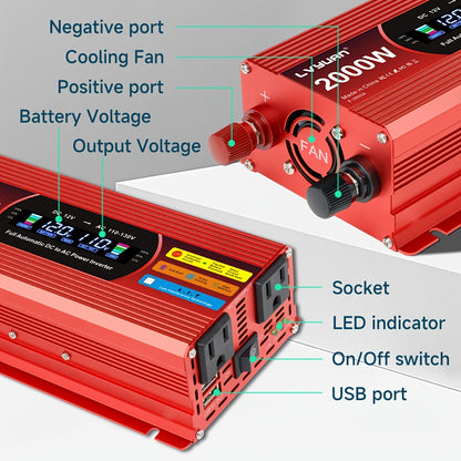 [Car Power Inverter] LVYUAN 200W/1000W/3000W Car Power Inverter DC 12V to 110V AC Converter with LCD Display Dual AC Outlets And Dual USB Car Charger for Car Home Laptop Truck Boat Red