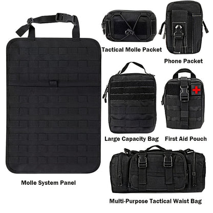 Tactical Car Seat Back Organizer with MOLLE System - Durable Oxford Fabric, 5 Detachable Pouches, Multiple Compartments for Trucks & SUVs - Black, Car Seat Organizer | Modular Storage | Durable Tactical Bag
