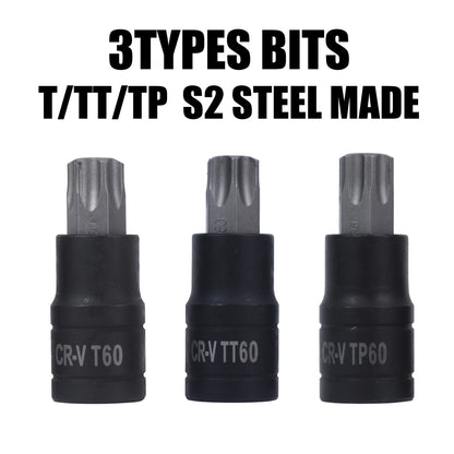 Impact Socket Bit Set 60Pc – E-Sockets E4-E24, Torx T/TT/TP Bits, 1/4 3/8 1/2 Drive, CrV Steel & S2 Bits, Comprehensive Size Collection