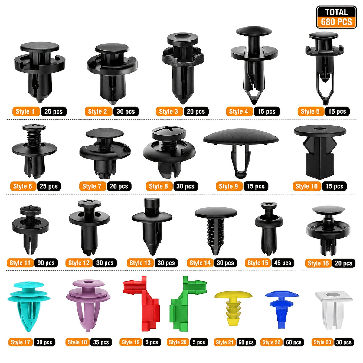 Automotive Fastener Clip Kit 680 Rivets 45-Piece Tool Set 23 Types Car Bumper Fender Trim Clips Universal Fit Ford GM Toyota Honda BMW Nissan