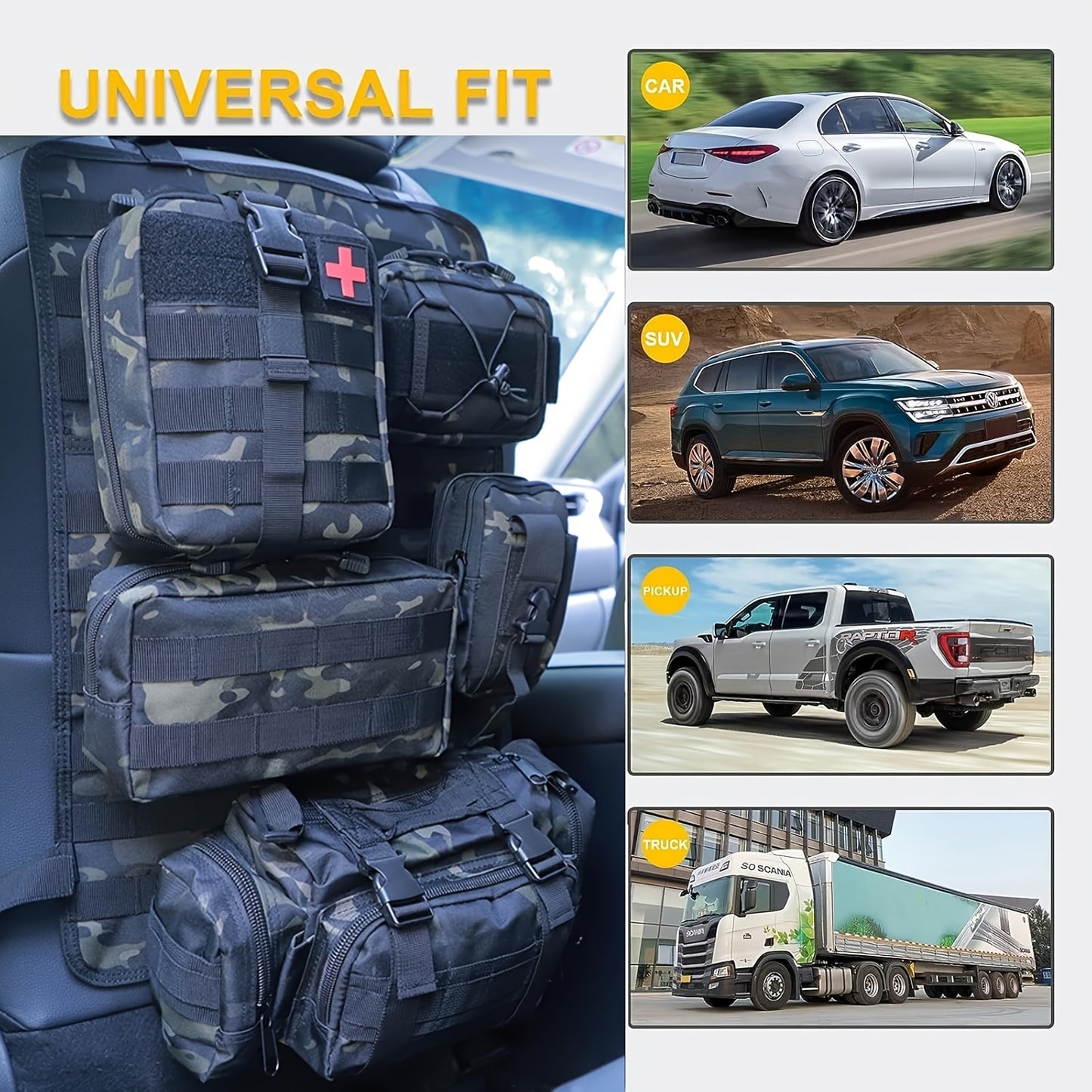 6pcs Set - Heavy-Duty MOLLE Tactical Car Seat Organizer Pouch with Adjustable Fasteners and Thickened Back Panel - Suitable for Jeeps, Trucks, SUVs - Premium Vehicle Storage System, Durable Nylon Bag for Gear, First Aid, and Tools - Car Trunk Lid
