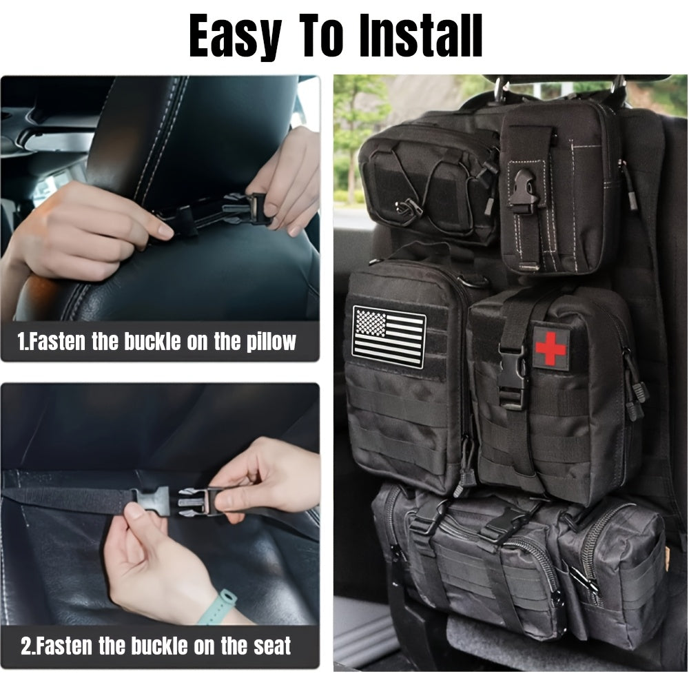 Car Seat Back Organizer with 5 MOLLE Pouches – Truck SUV Jeep Vehicle Panel Storage + 6 Keychains