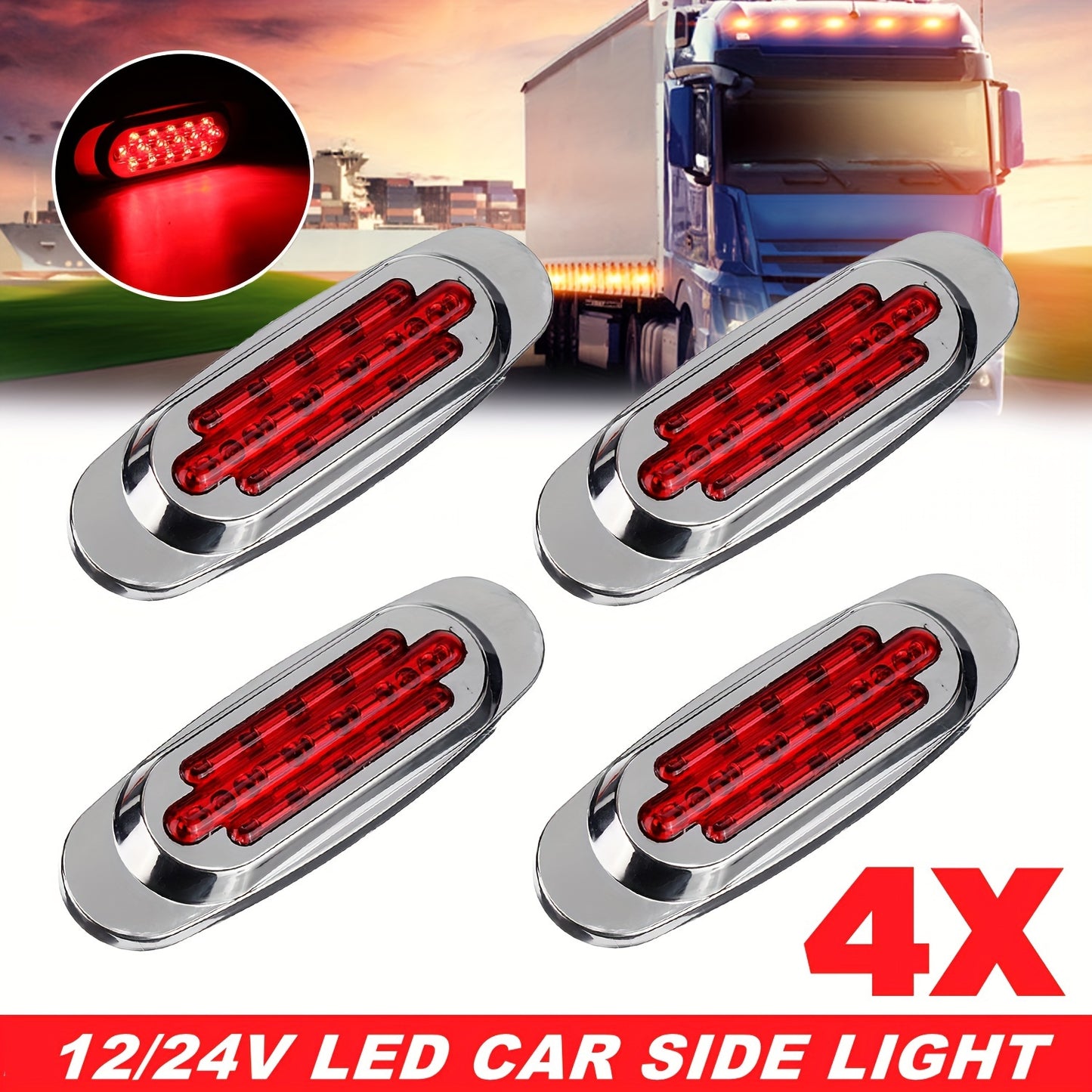 4pcs LED Side Marker Lights for Trucks & Trailers - 16 LEDs, Dual Mode (Steady On + Flash), Fits 12-24V Vehicles - Available in Amber, White, Red, , Green