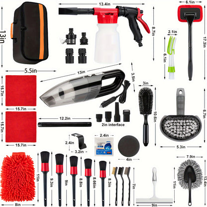 Complete Car Cleaning Set Featuring a Foam Gun Sprayer, Detailing Brushes, a Vacuum, a Windshield Cleaning Tool, a Tire Brush, And Towels for Thorough Interior And Exterior Detailing, Without Battery