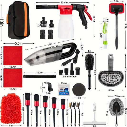 Complete Car Cleaning Set Featuring a Foam Gun Sprayer, Detailing Brushes, a Vacuum, a Windshield Cleaning Tool, a Tire Brush, And Towels for Thorough Interior And Exterior Detailing, Without Battery