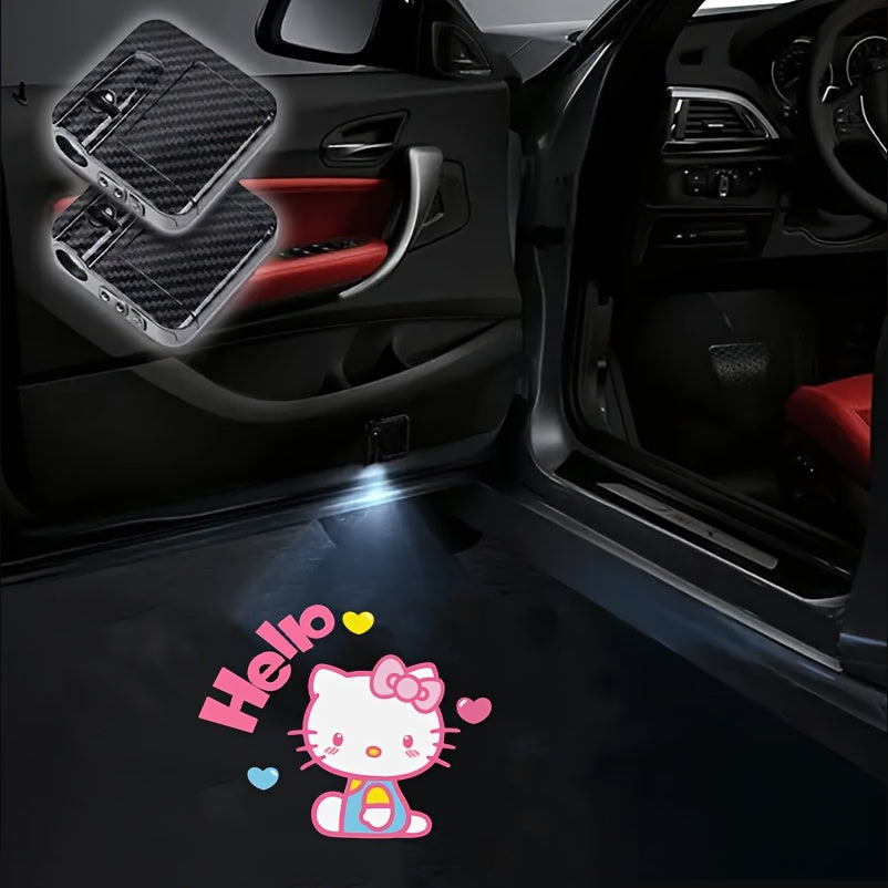 Set of 2 Sanrio Hello Kitty Car Door Lights, Featuring LED Projectors That Display a Cartoon Love Design. These Wireless LED Lights Create a Shadow Effect And Serve As Car Additions, Without Battery