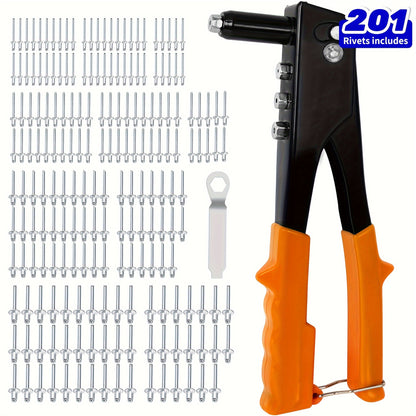 4-in-1 Hand Riveter Gun Kit with 200 Rivets - Heavy-Duty Pop Rivet Tool, 4 Interchangeable Nosepieces & Multi-Size (3/32”, 1/8”, 5/32”, 3/16”) for Metal Riveting - Compatible with Automotive,, - Rivet Gun Kit for Metals