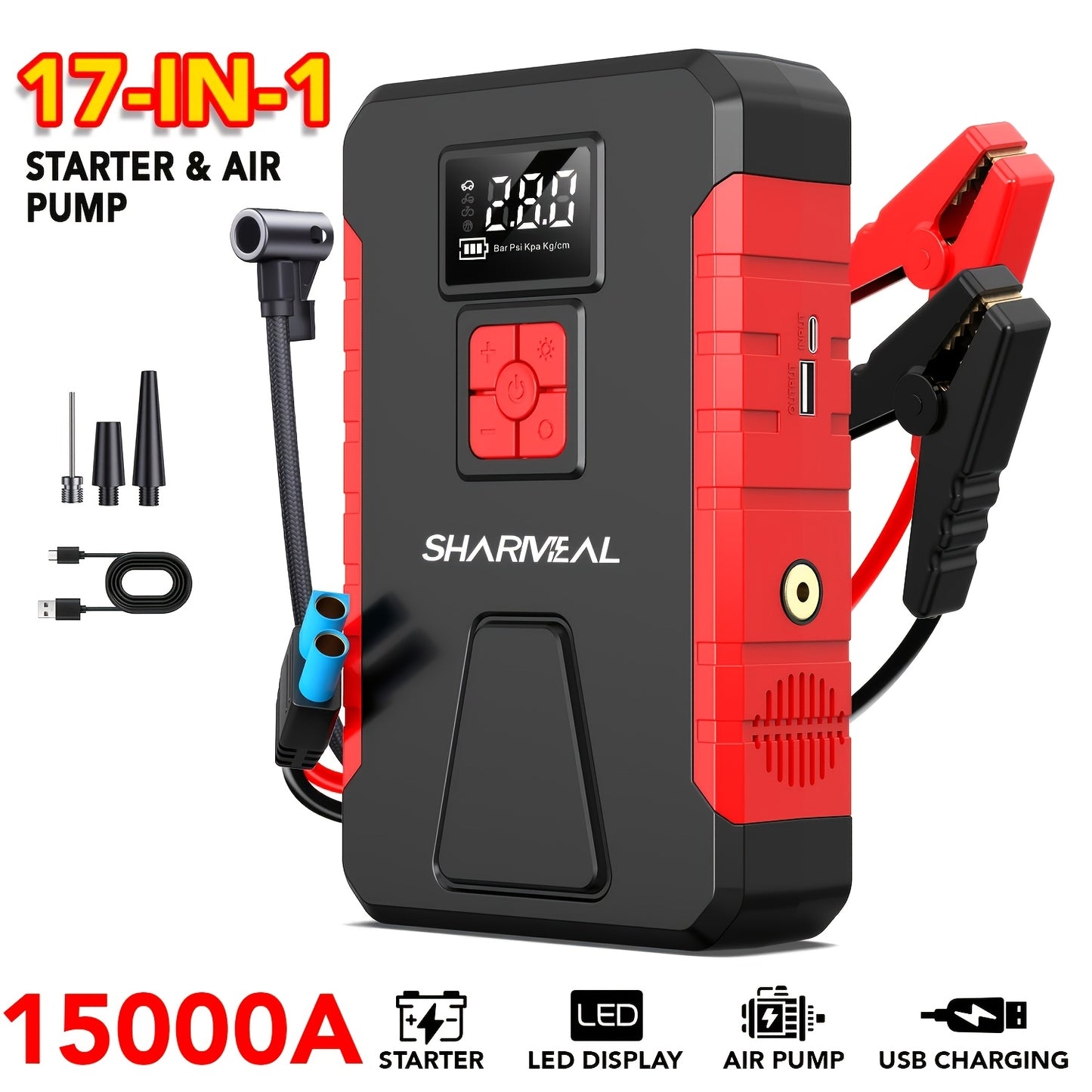 15000A-21000A Peak 350PSI 12V 17-in-1 Portable Jump Starter with Air Compressor Jump Starter, Car Battery Charger, Car Jump Starter with Air Compressor, Jump Starter Para, Car Accessories Tools, LED Light, Battery Charger, Cart Battery Charger