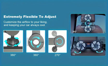 Dual Head Rear Car Fan with Super Powerful Cooling - Quiet Dual Head Fans, Ultra-Low Noise, Foldable Design, Long 70-inch USB Cord, for Cars, Home, Office, Travel - Vehicle Compatibility, Home Ventilation, Sleek Design, Efficient Airflow, Office Workers