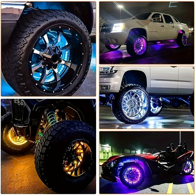 [Remote Control LED Lights] 4pcs Car Wheel Lights, Remote Control With Flashing Modes, LED Wheel Ring Lights For Trucks Cars SUV Pickup Vehicles Offroad, Equipped With Seven-Color Dazzling Light Function, Car Rim Light, Without Battery