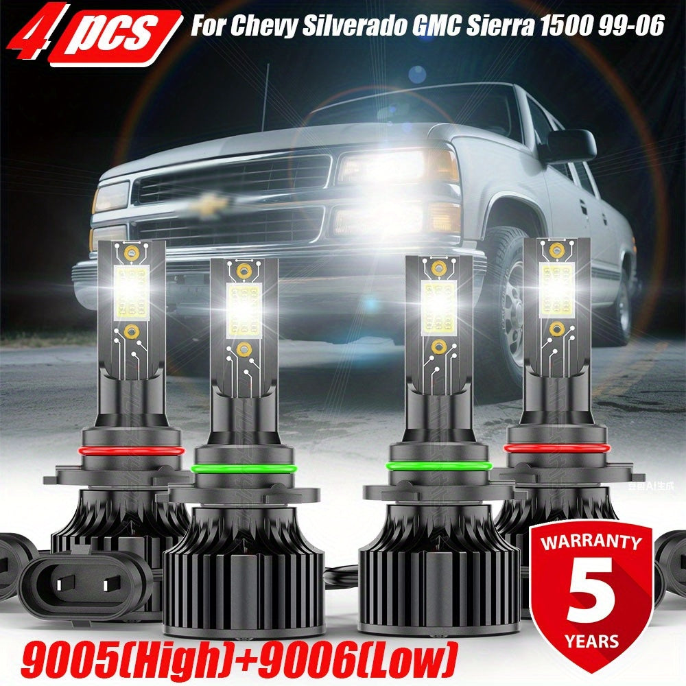 2/4/6pcs LED Headlight Bulbs Combo 9005+9006 Fit for Chevy Silverado for GMC Sierra 1500 1999-2006 High Low Beam, 12V 24V 230W Two-sided Ultra Bright COB Chip, Without Battery, Automotive Lighting, Clear Beam Lights, Highperformance Bulbs