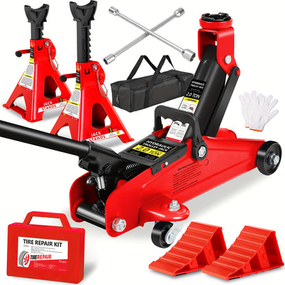2/2.5/3 Ton Capacity, Jack Kit Low Profile Hydraulic Trolley Service/Floor Jack Combo, Multiple Meal Plans to Choose from 3 Ton Jack Stands 2PCS, Tire Repair Kit, 14-inch Wheel Cross Wrench, Wheel Chock, Jack Accessories Red/Blue