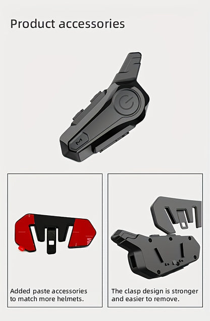 The Wireless Intercom Headset for Motorcycle Helmets Supports Real-Time Communication for Two People And Is, Compatible with Full-Face, Three-Quarter, And Open-Face Helmets.