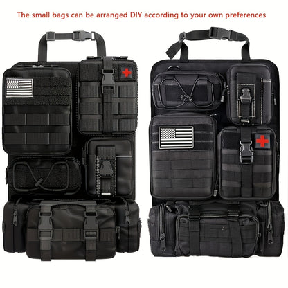 Car Seat Back Organizer with 5 MOLLE Pouches – Truck SUV Jeep Vehicle Panel Storage + 6 Keychains