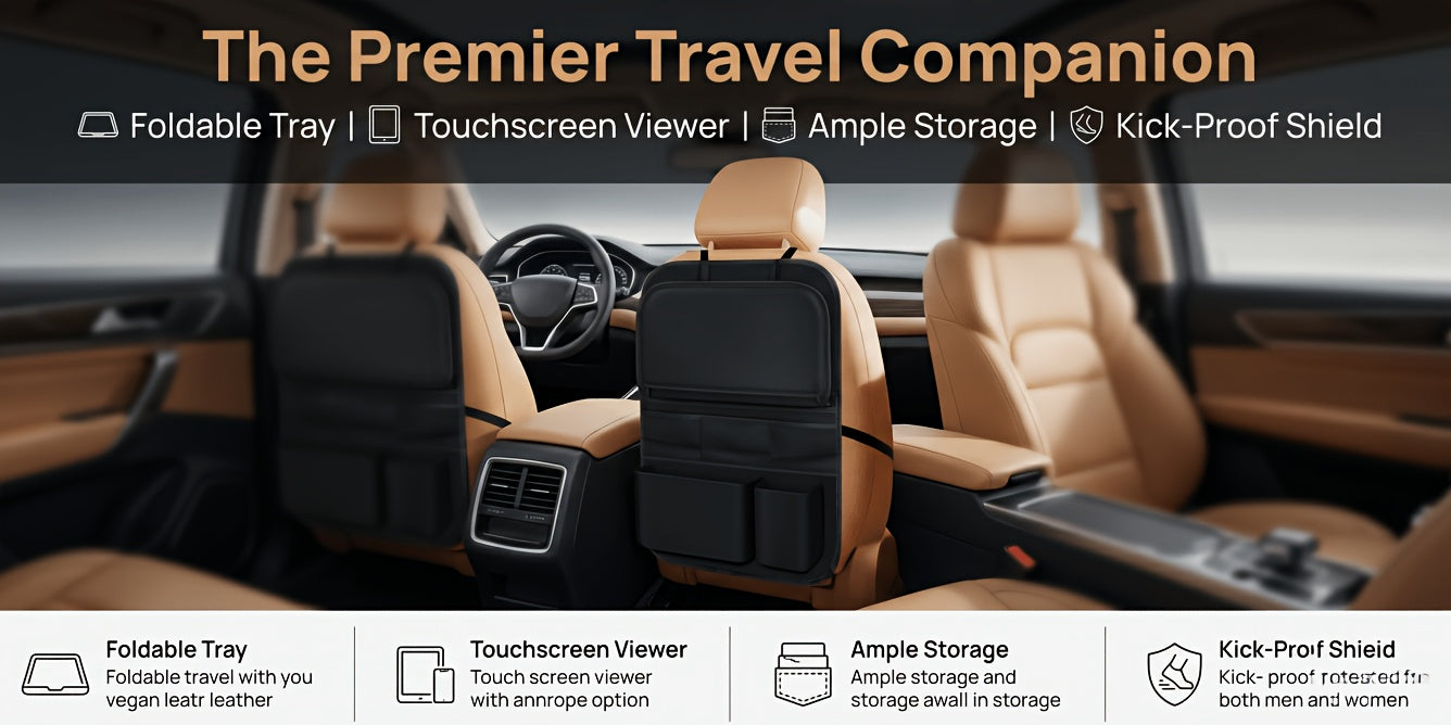 Car Backseat Organizer with Tablet Holder, 6 Storage Pockets Car Storage Organizer with Foldable Food Tray, Protectors Kick Mats Travel Accessories-Black