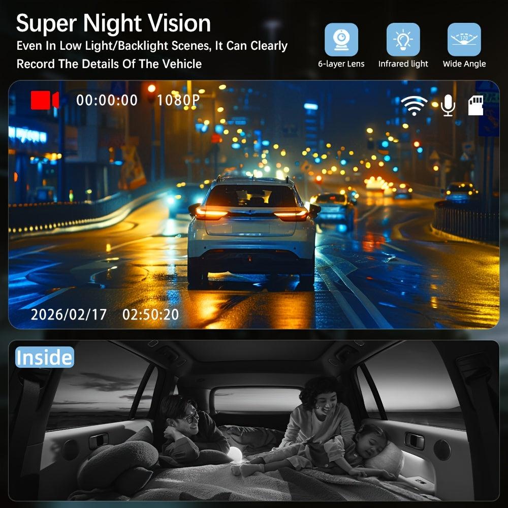 1080P HD Front And Cabin Dual-Camera Dash Cam, Equipped with 2-Inch IPS Screen, 170° Front Wide Angle And 140° Rear Wide Angle, ADAS Driving Assistance, G-Sensor, Loop Recording, Night Vision, 24-Hour Parking Mode - Sd Card Not Included