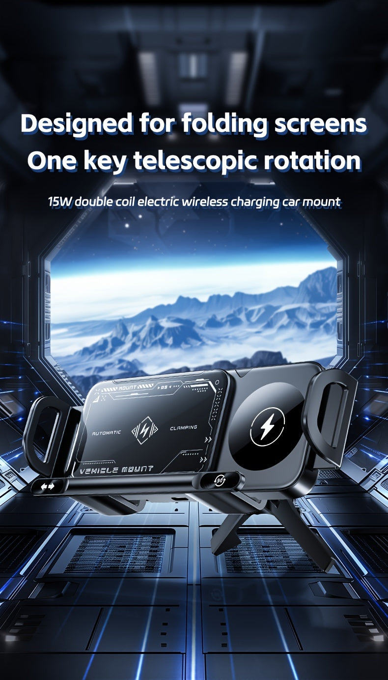 Wireless Charging Phone Holder Car Mount for Folding Screen/Universal Smartphone, 90° Rotating Car Mount Output Power 15W, Super Stable Air Vent Cell Phone Car Mount with Hook Clip, One Button Release for iPhone, Samsung, Google, and Other Smartphone