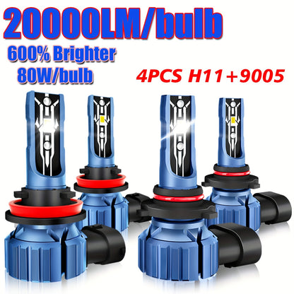 4pcs 9005+H11 LED Headlight Kit Bulbs, High/Low Beam Fog Lamps 80W 20000LM/bulb Super Bright White 6000K, Without Battery