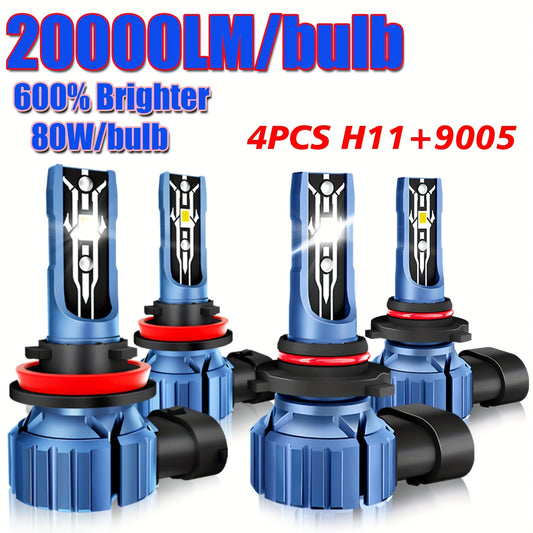 4pcs 9005+H11 LED Headlight Kit Bulbs, High/Low Beam Fog Lamps 80W 20000LM/bulb Super Bright White 6000K, Without Battery