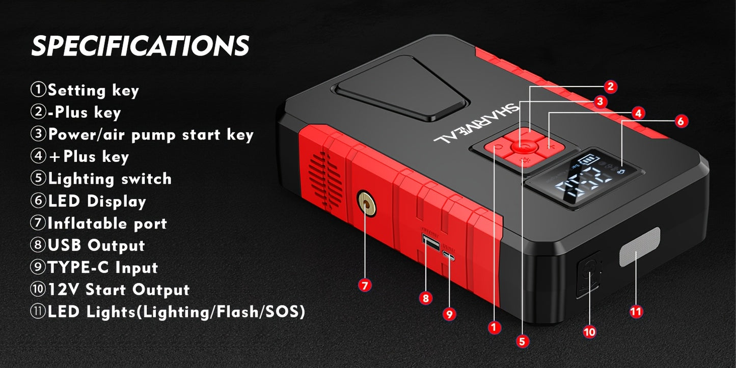15000A-21000A Peak 350PSI 12V 17-in-1 Portable Jump Starter with Air Compressor Jump Starter, Car Battery Charger, Car Jump Starter with Air Compressor, Jump Starter Para, Car Accessories Tools, LED Light, Battery Charger, Cart Battery Charger