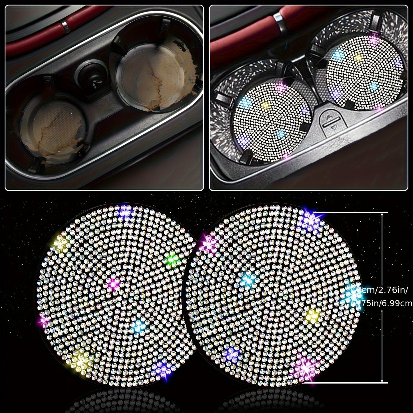 Set of 8 Sparkly Car Additions for Women, Including a Glittery Steering Wheel Cover, Shiny Car Coasters, Belt Shoulder Pads, Ring Emblem Sticker, And Gear Shift Cover
