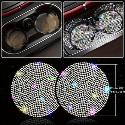 Set of 8 Sparkly Car Additions for Women, Including a Glittery Steering Wheel Cover, Shiny Car Coasters, Belt Shoulder Pads, Ring Emblem Sticker, And Gear Shift Cover