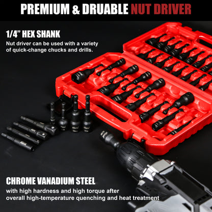 AMM 39pcs Magnetic Nut Driver Kit for Impact Drills, Featuring Both Metric And SAE Impact Driver Bits, a Bit Extension, And a Drill Bit Adapter with a 1/4" Hex Shank Made of Cr-V Steel