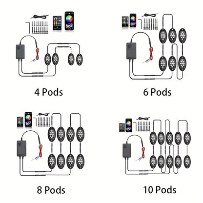 RGB LED Rock Lights Kit 9-LED Pods Sound-Activated App & Remote Control Multicolor Underglow Neon for Trucks SUVs Pickups Off-Road Vehicles 4 6 8 10pcs
