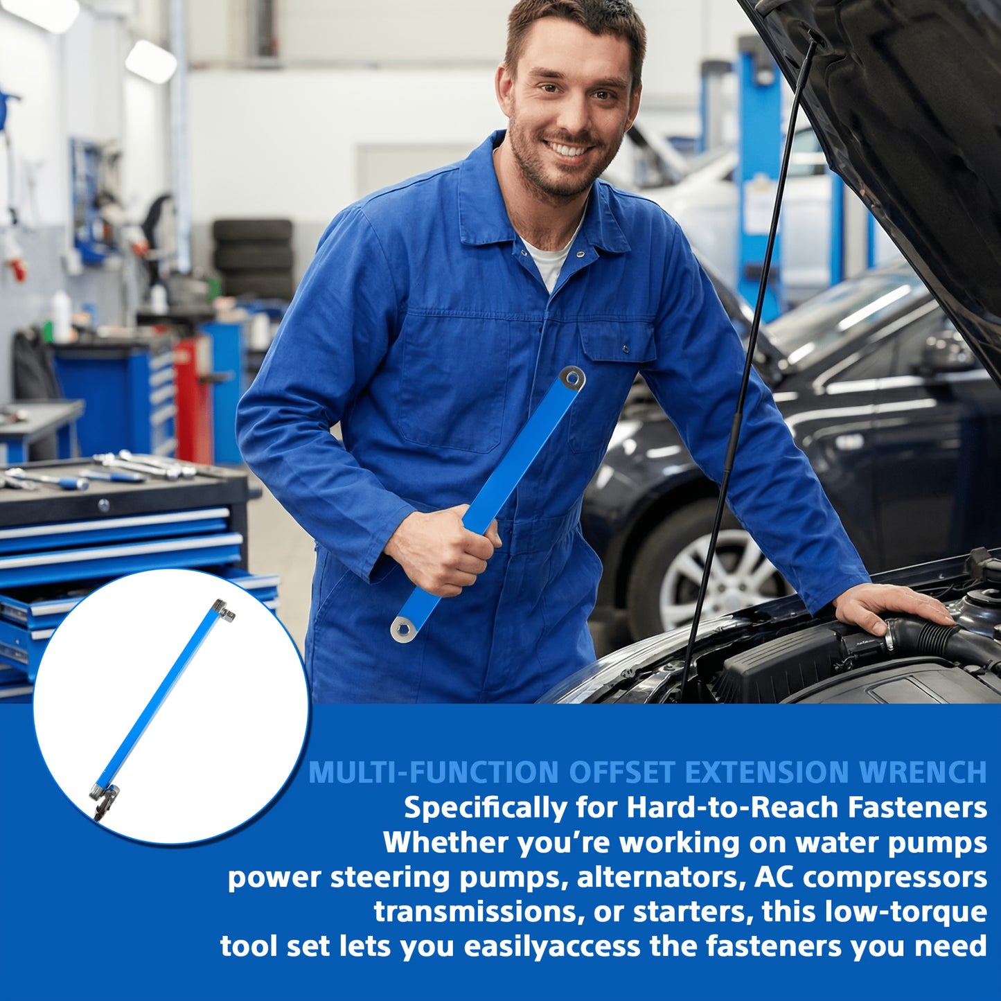 Professional Zero Offset Extension Wrench Set With 3/8 Ratchet Wrench, 15 Inch Impact Ready Ratchet Wrench With 1/2", 1/4" & 3/8" Square Drive Adapters, Universal Repair Tool For Narrow Spaces & Auto Maintenance