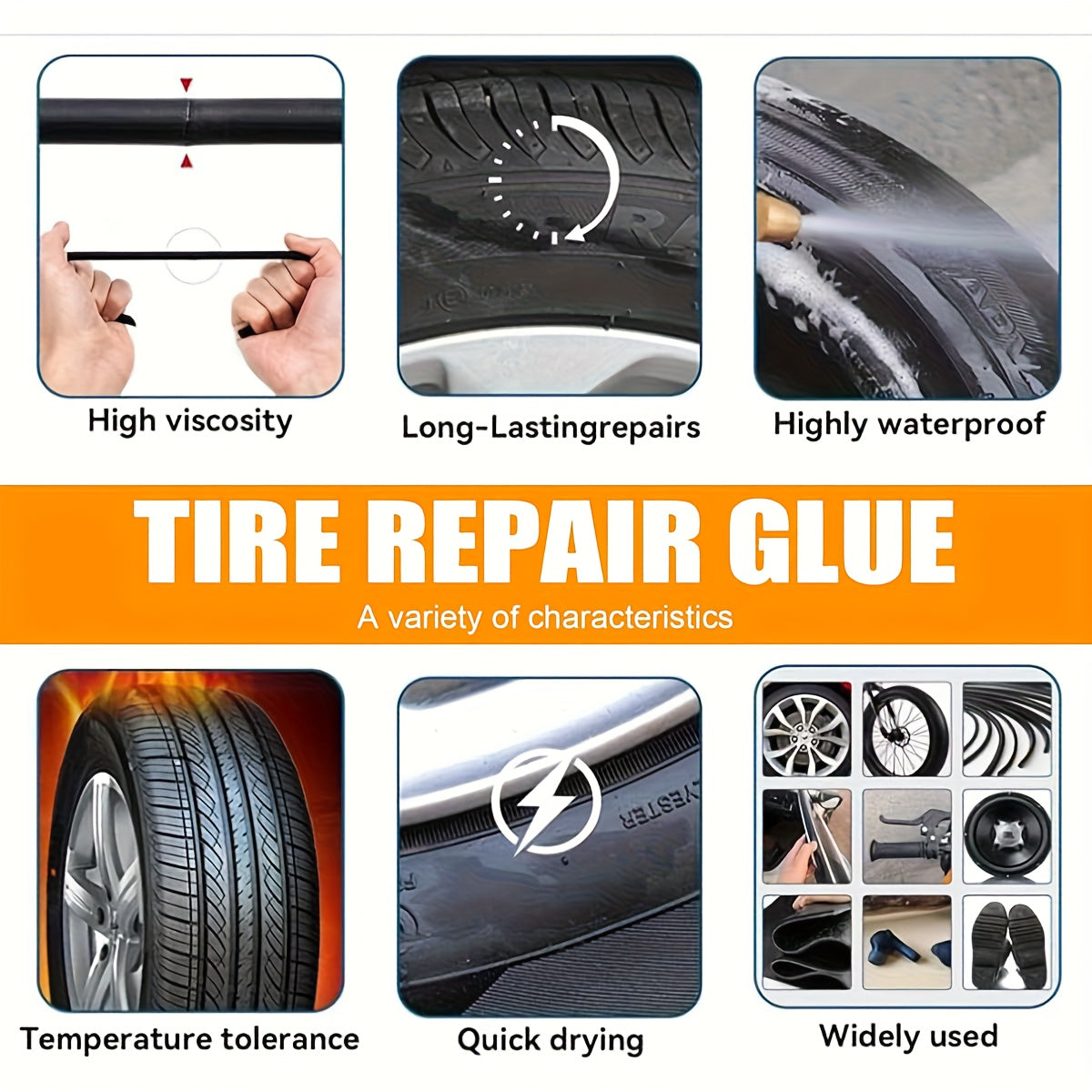 Repair Adhesive for Tires, Including a Sidewall Rubber Glue Kit (With Scraper And Tip Kit) Suitable for Bicycles, Cars, Motorcycles, Dirt Bikes, Trucks, And Tractors, Available in Black, 1.01oz/1.69oz